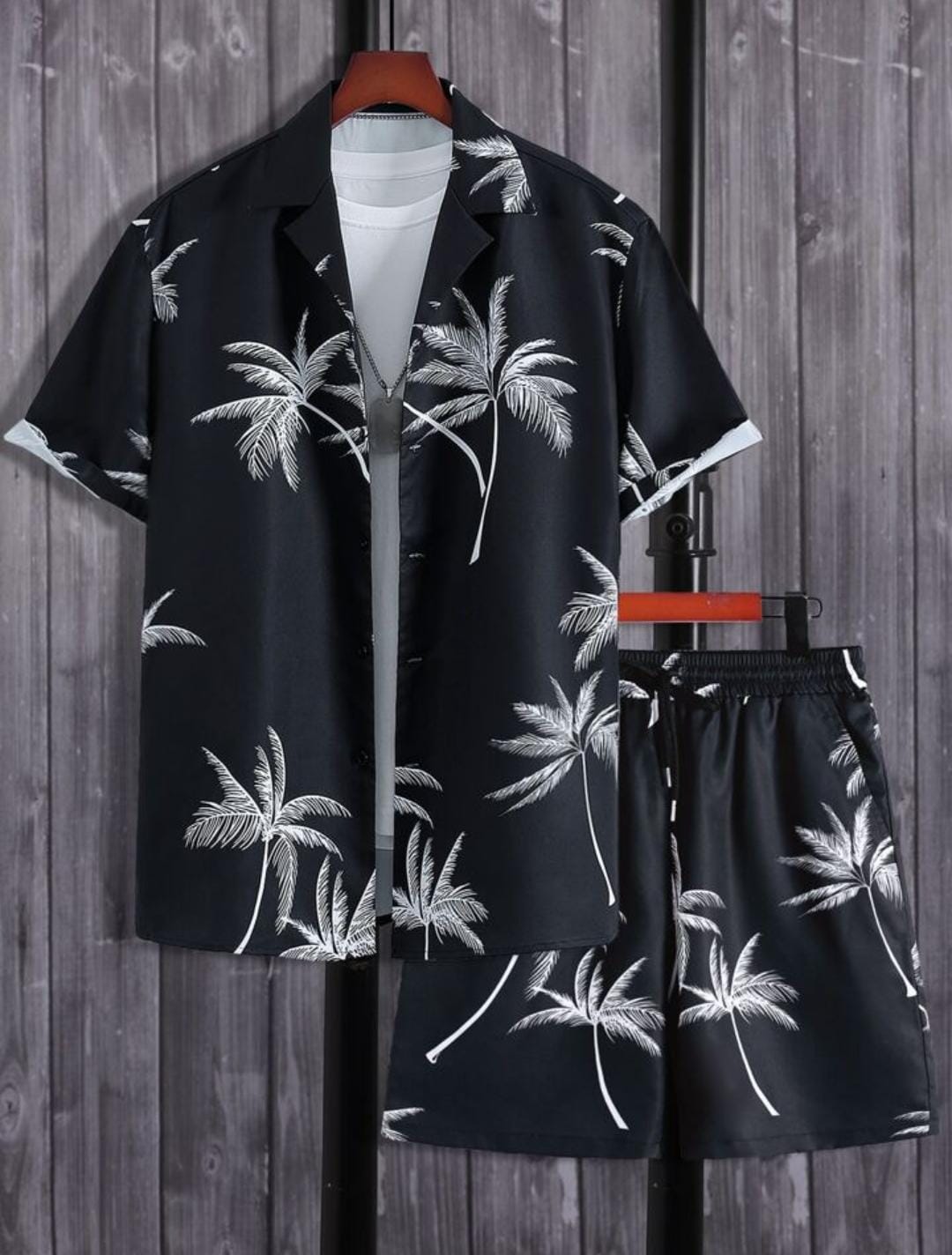 Men’s Coconut Trees Print Shirt Shorts Set Trendy Casual 2 Pcs Outfits