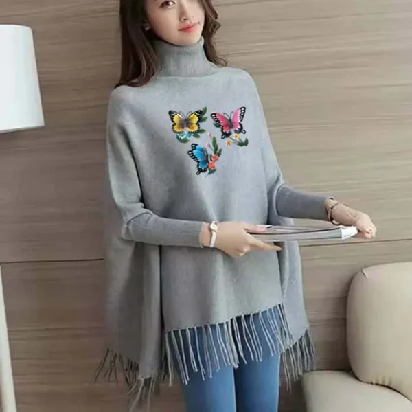 Multi Butterfly Printed Bat-Wing Style Winter Poncho