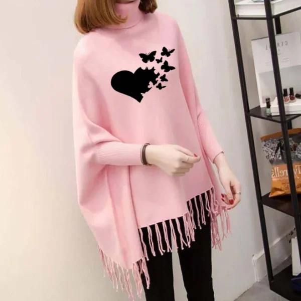 Heart-Butterfly Printed Bat-Wing Style Winter Poncho