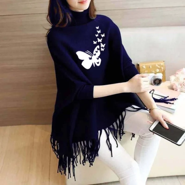 Small Butterfly Printed Bat-Wing Style Winter Poncho
