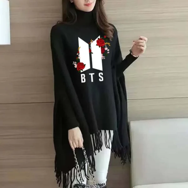Flower-BTS Printed Bat-Wing Style Winter Poncho
