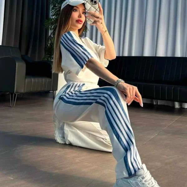 White Drop-Shoulder Stripe Style 2-Pcs Summer Dry-Fit Tracksuit For Her. WSTS-04
